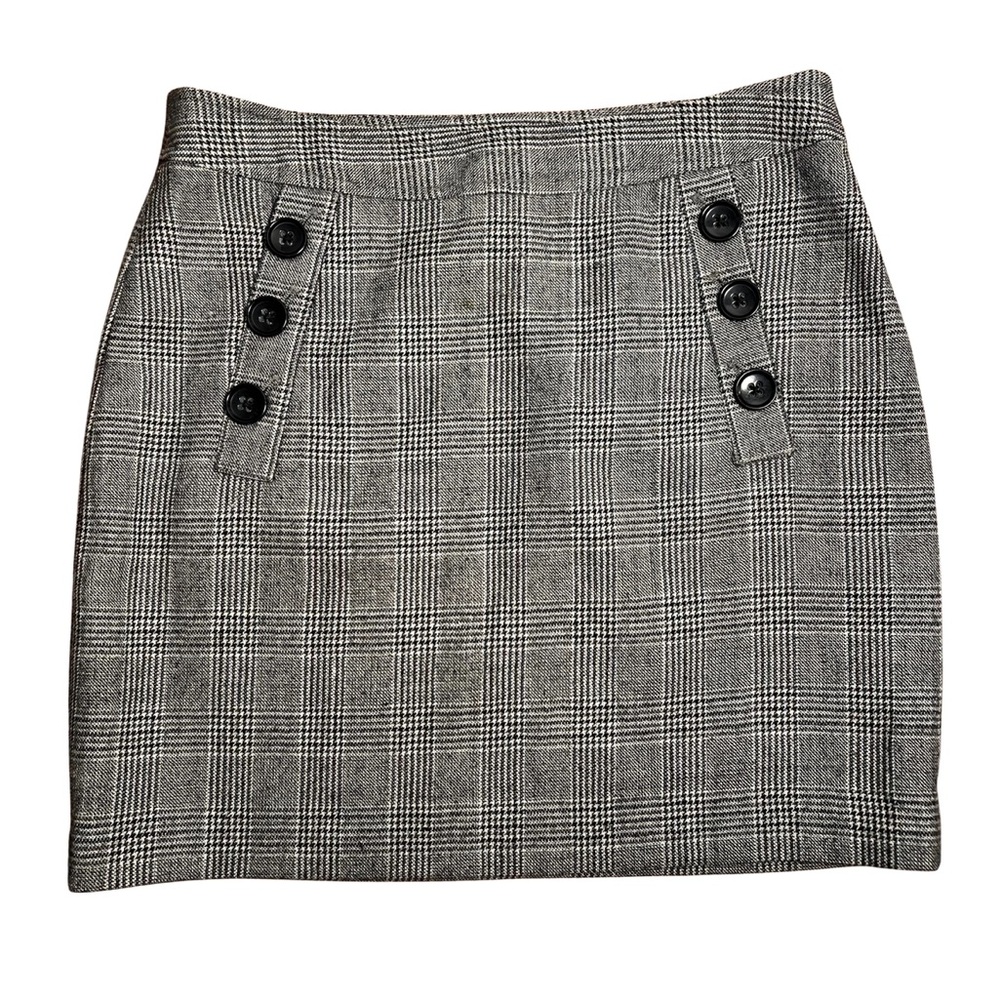 Banana Republic wool lined gray plaid houndstooth mini skirt with buttons 4